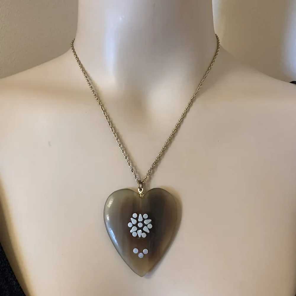 Antique Hand Carved Horn Heart Pendant with Inlay… - image 2