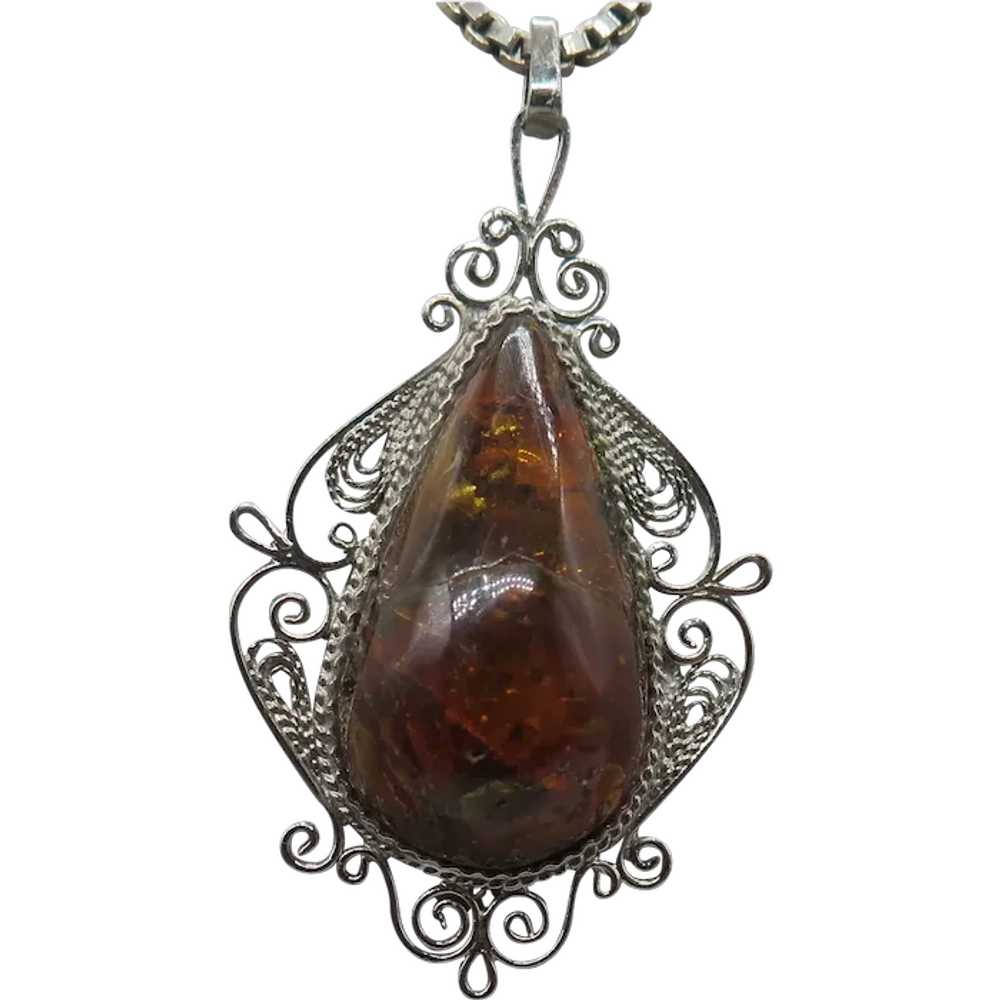 Vintage Honey Amber Sterling Silver Pendant Neckl… - image 1