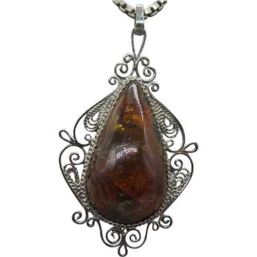 Vintage Honey Amber Sterling Silver Pendant Neckl… - image 1