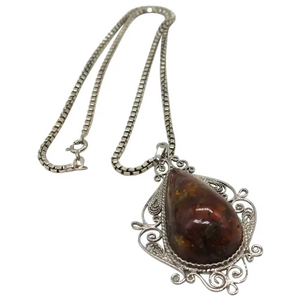 Vintage Honey Amber Sterling Silver Pendant Neckl… - image 2