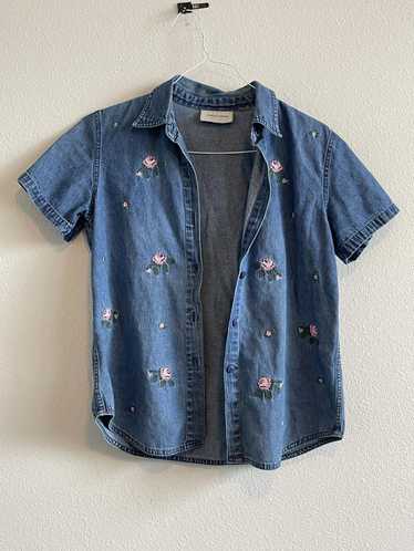 Designer Denim Jean Short Sleeve Shirt with Floral