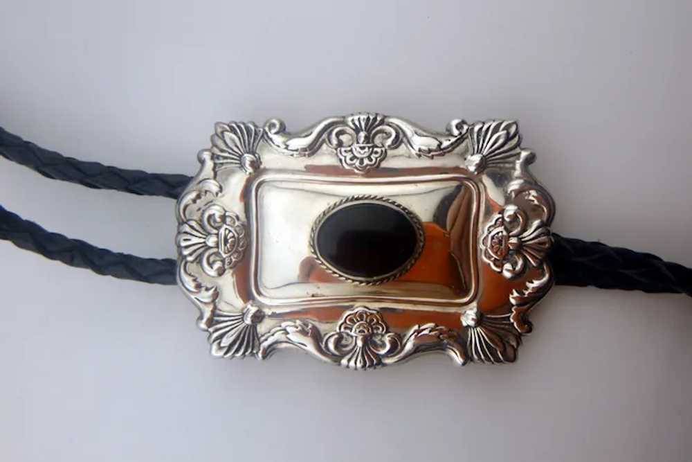 Vintage Sterling Silver and Onyx Bolo Tie - image 2