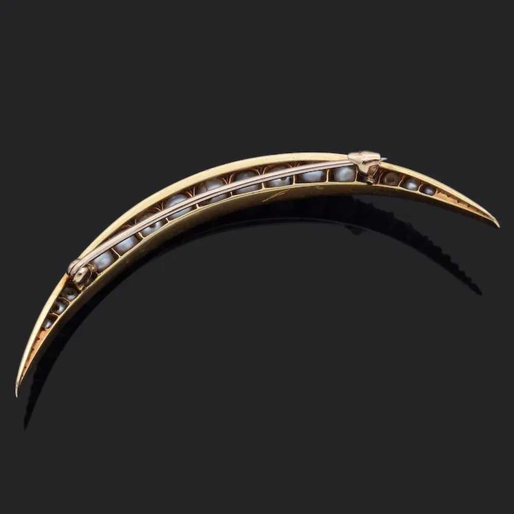 Antique 14K Yellow Gold Pearl Crescent Moon Brooc… - image 2