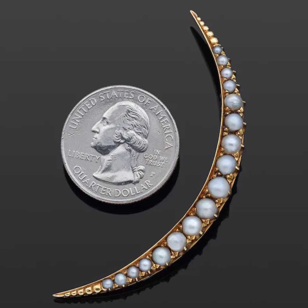 Antique 14K Yellow Gold Pearl Crescent Moon Brooc… - image 3