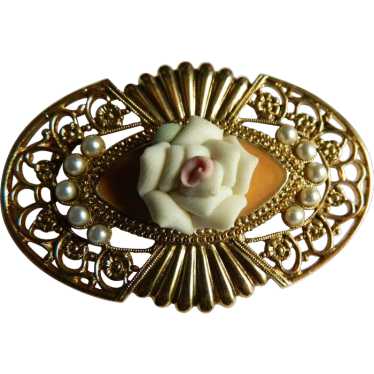 Vintage Gold Tone Brooch with Porcelain Rose - image 1