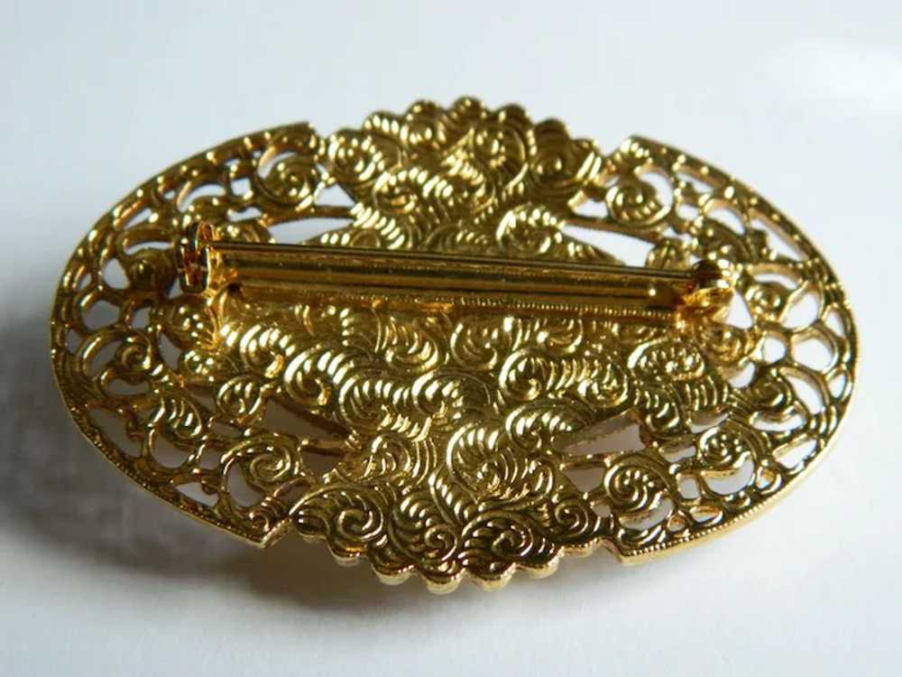 Vintage Gold Tone Brooch with Porcelain Rose - image 2