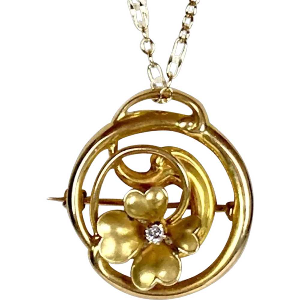 Charming Art Nouveau 14K Gold Diamond 4-Leaf Clov… - image 1