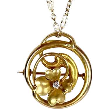 Charming Art Nouveau 14K Gold Diamond 4-Leaf Clov… - image 1