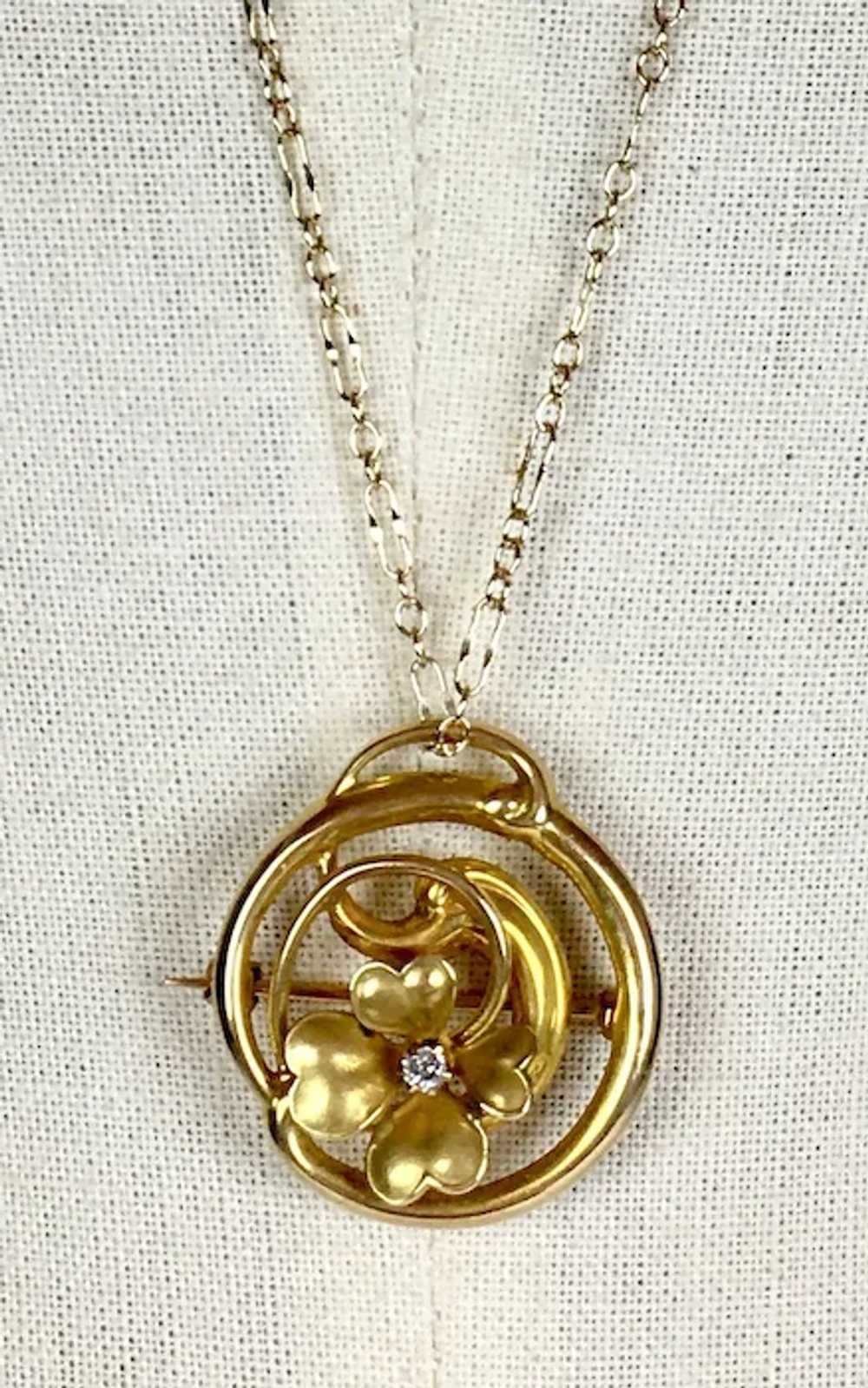 Charming Art Nouveau 14K Gold Diamond 4-Leaf Clov… - image 2