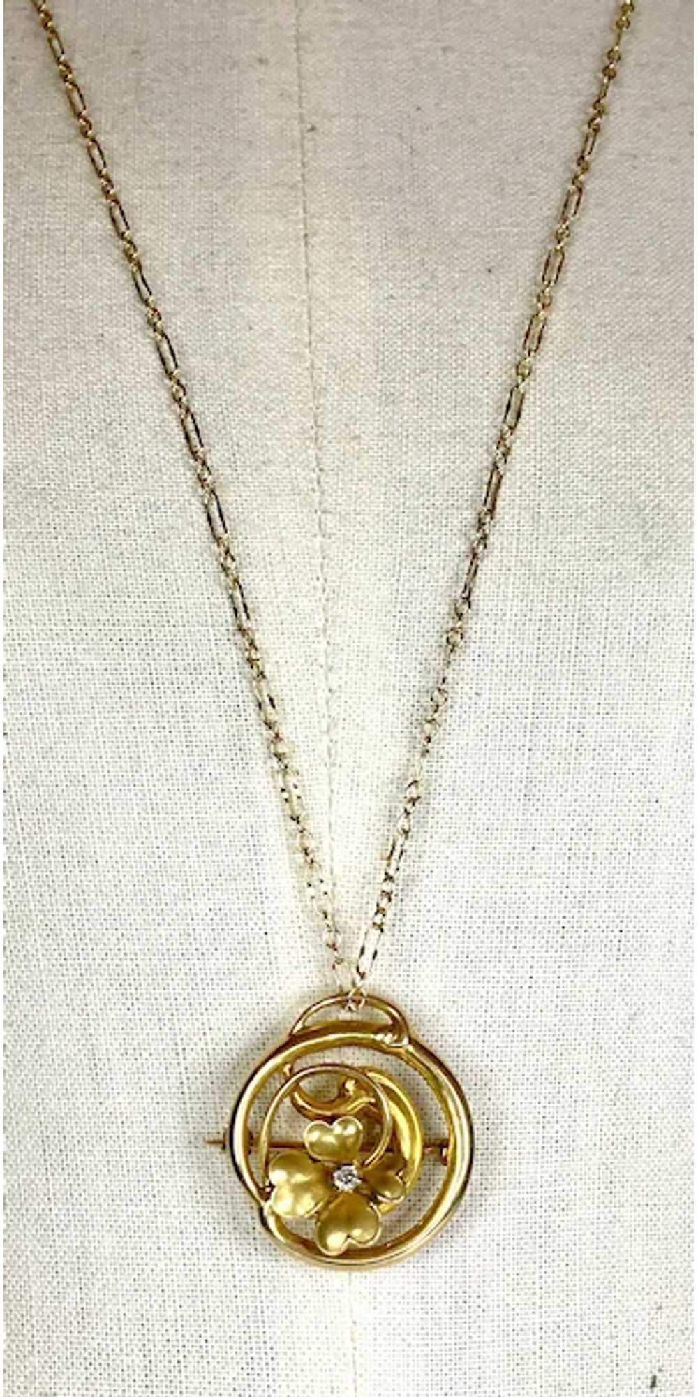 Charming Art Nouveau 14K Gold Diamond 4-Leaf Clov… - image 3