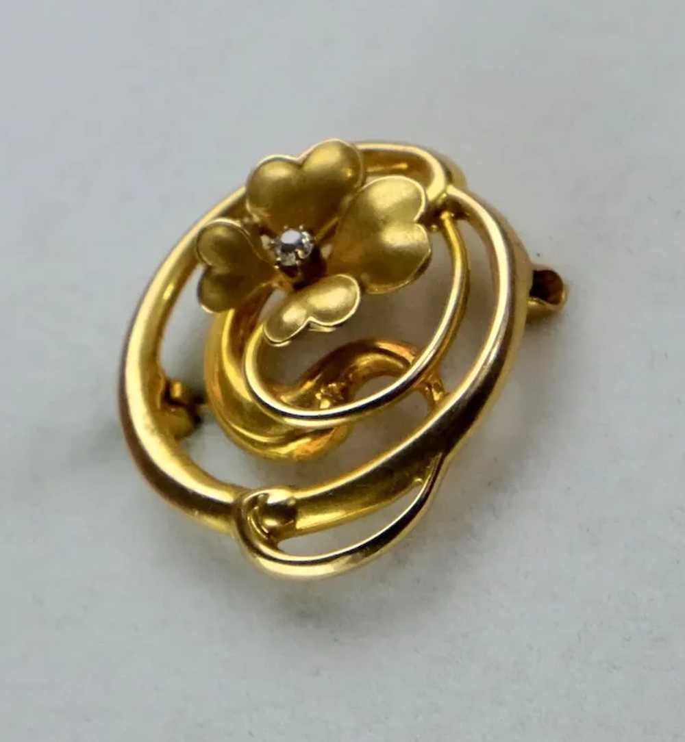 Charming Art Nouveau 14K Gold Diamond 4-Leaf Clov… - image 5