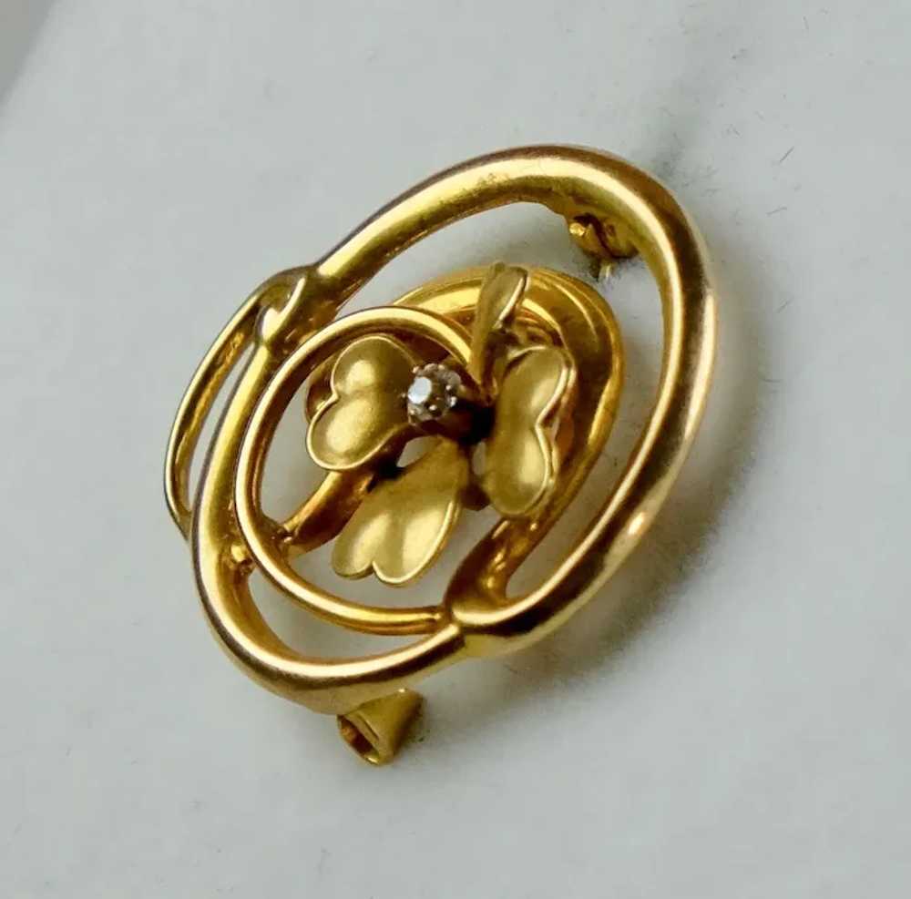 Charming Art Nouveau 14K Gold Diamond 4-Leaf Clov… - image 7