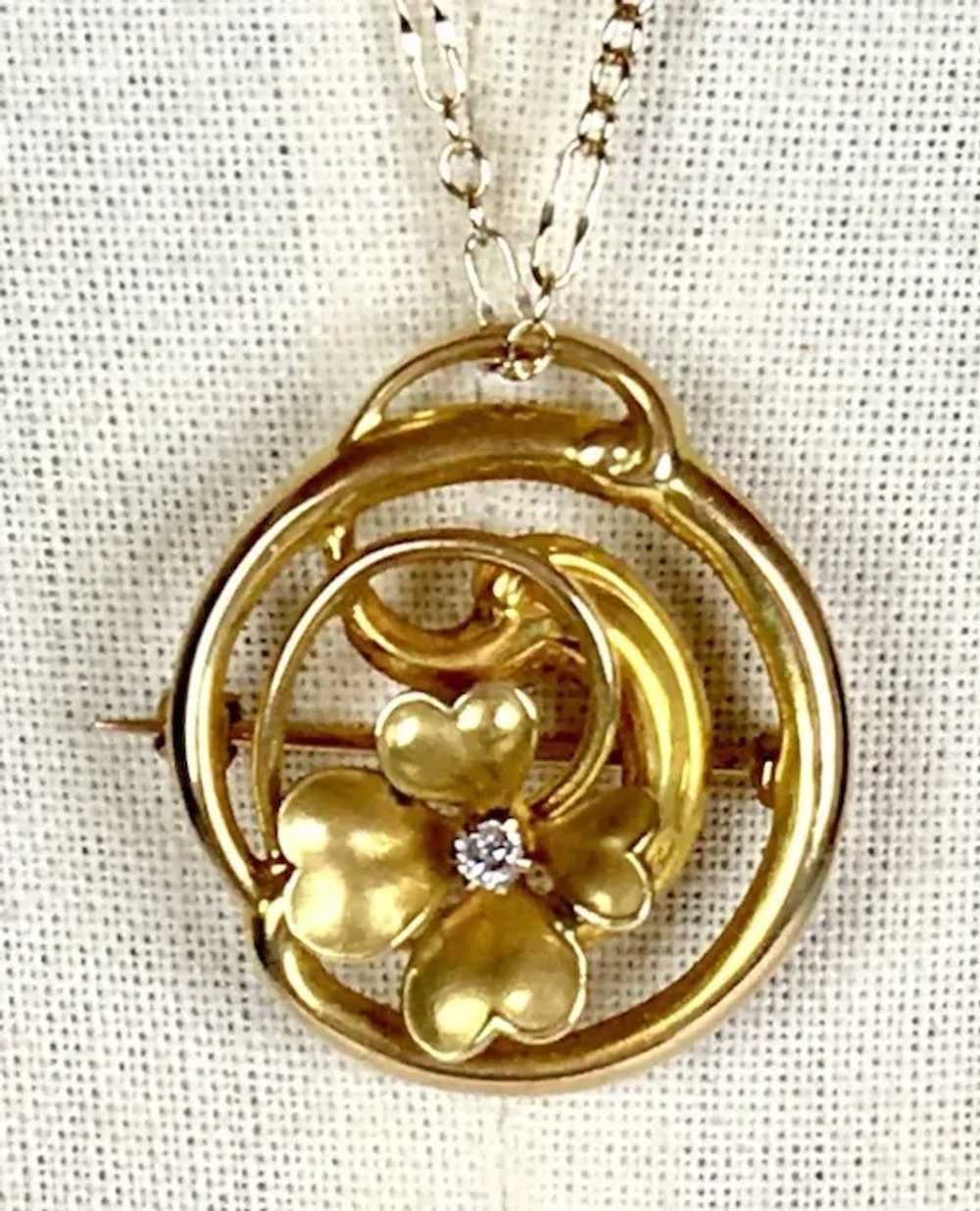 Charming Art Nouveau 14K Gold Diamond 4-Leaf Clov… - image 9