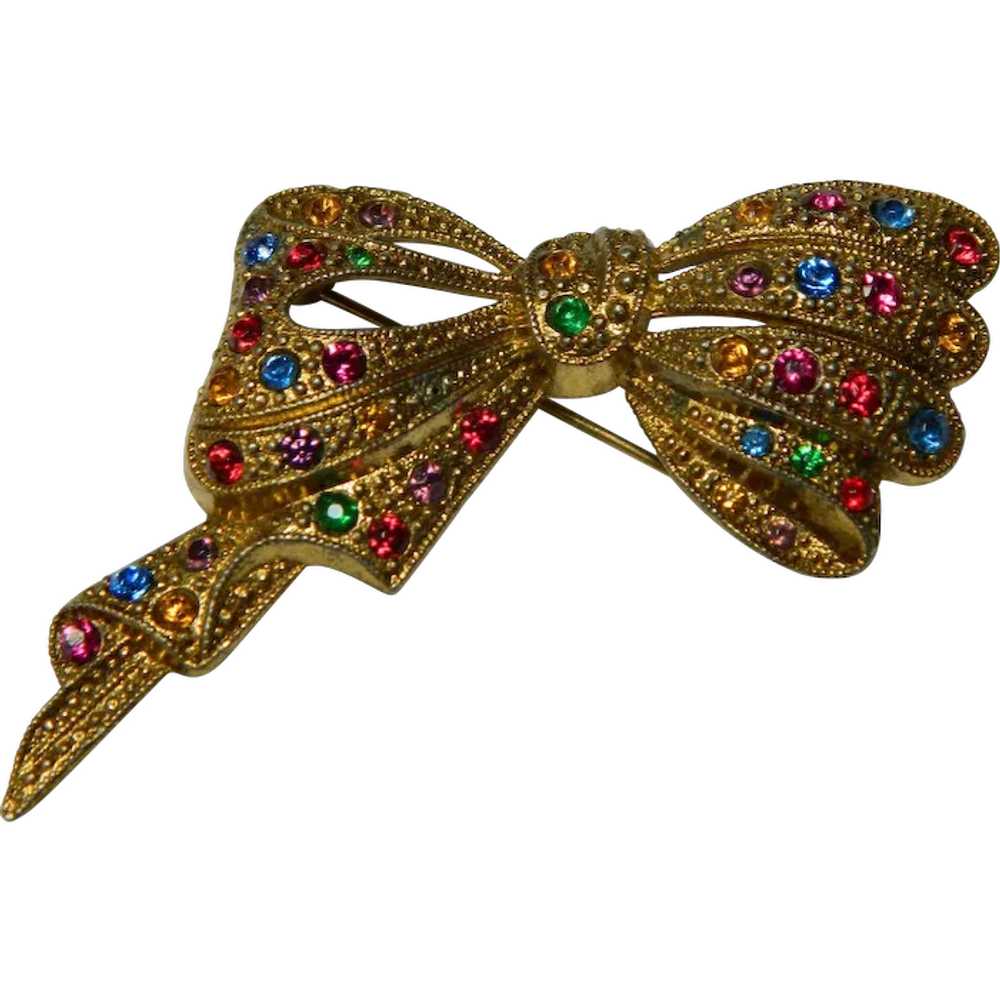 Vintage Faux Marcasite and Rhinestone Bow Brooch - image 1