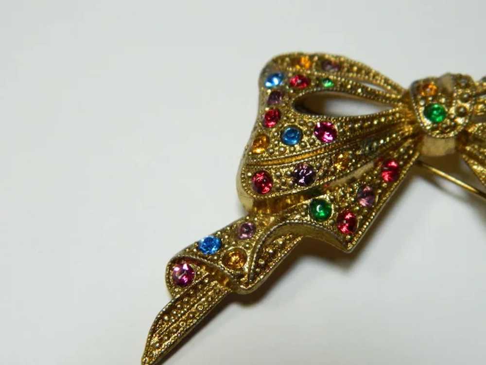 Vintage Faux Marcasite and Rhinestone Bow Brooch - image 2