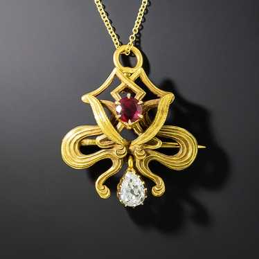 Art Nouveau Ruby and Diamond Brooch/Pendant - image 1
