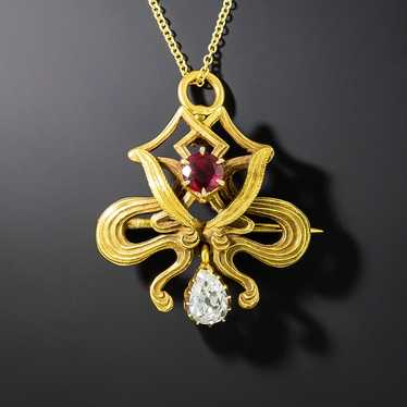 Art Nouveau Ruby and Diamond Brooch/Pendant