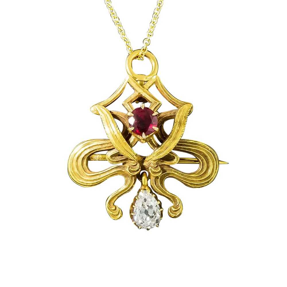 Art Nouveau Ruby and Diamond Brooch/Pendant - image 5