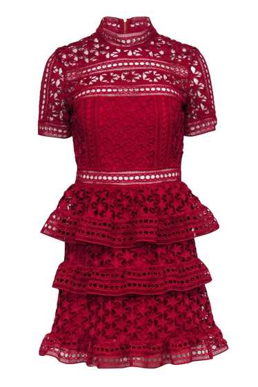 Self-Portrait - Red Guipure Lace Short Sleeve Ruf… - image 1