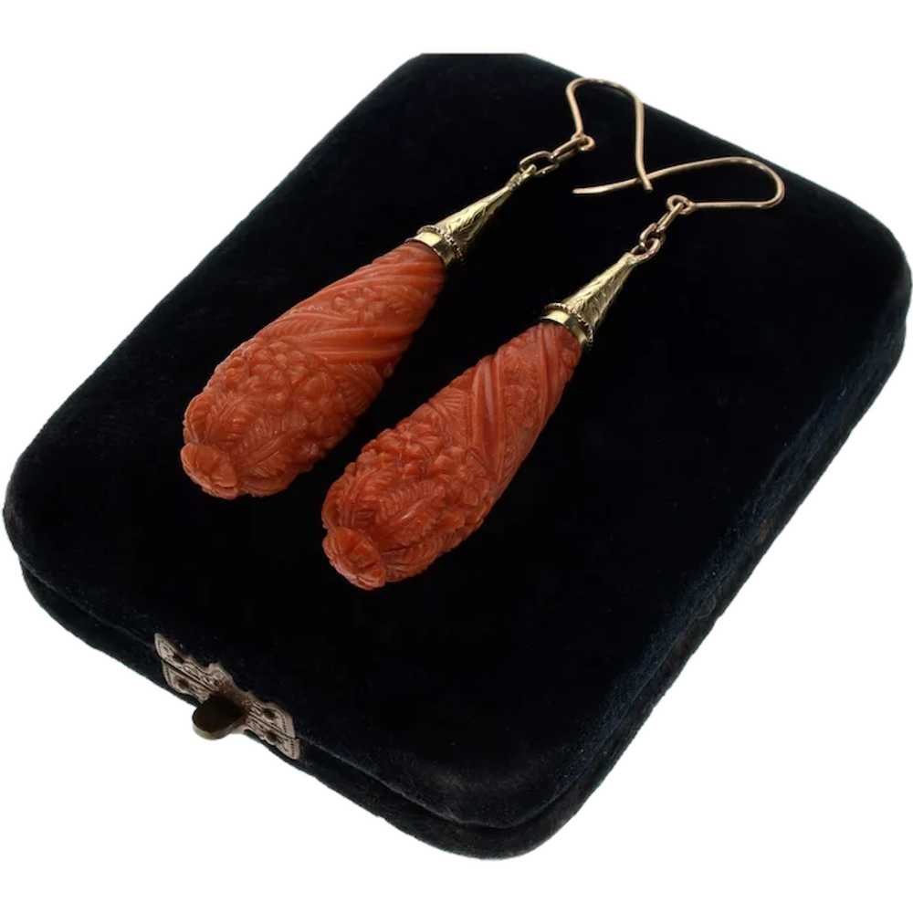 Antique Georgian 14K Gold Salmon Coral Dangle Ear… - image 1