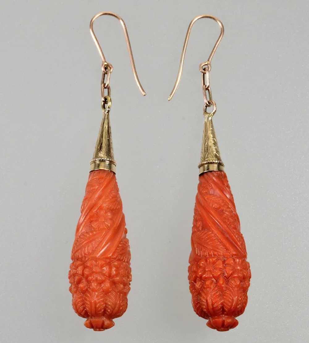 Antique Georgian 14K Gold Salmon Coral Dangle Ear… - image 3