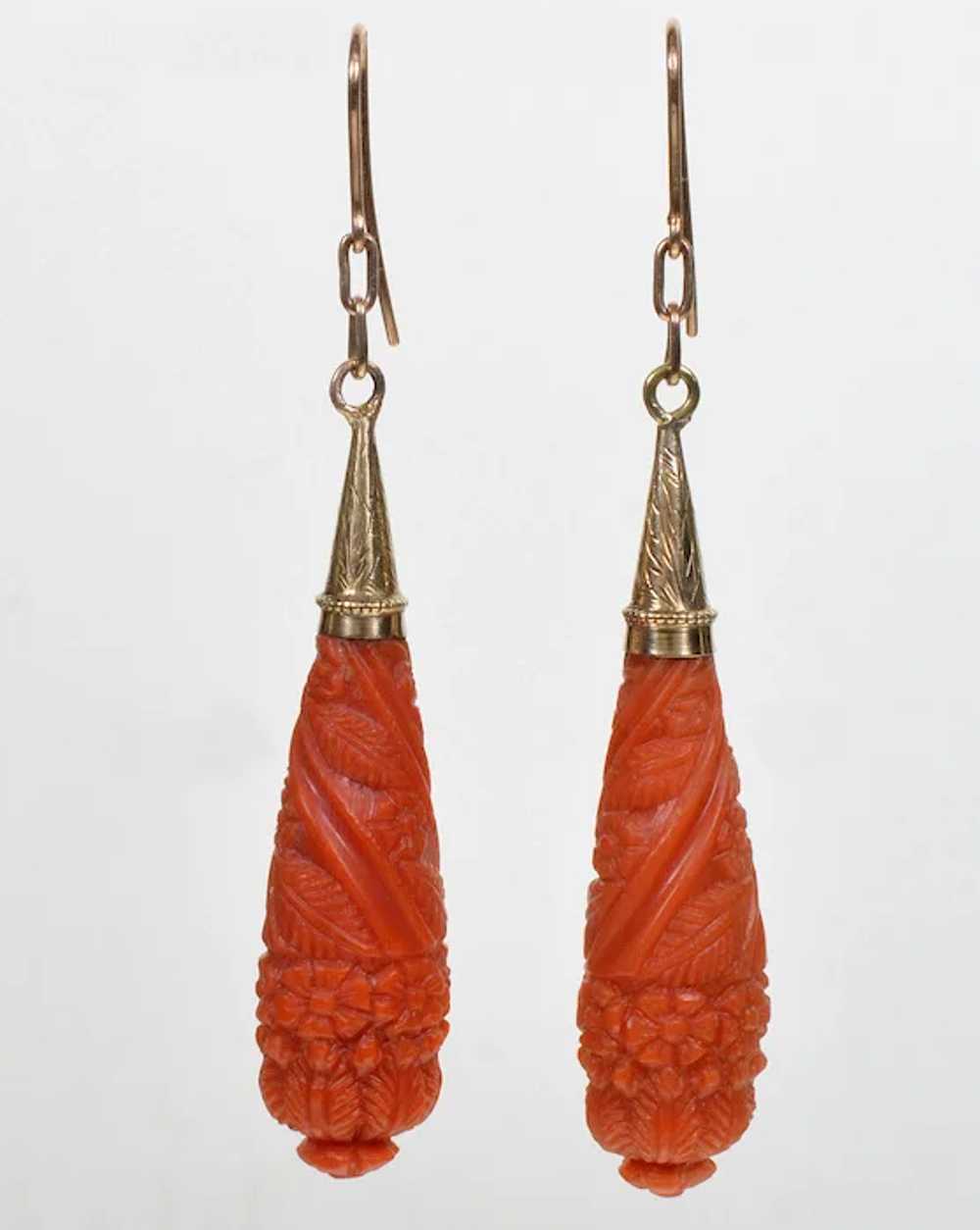 Antique Georgian 14K Gold Salmon Coral Dangle Ear… - image 4