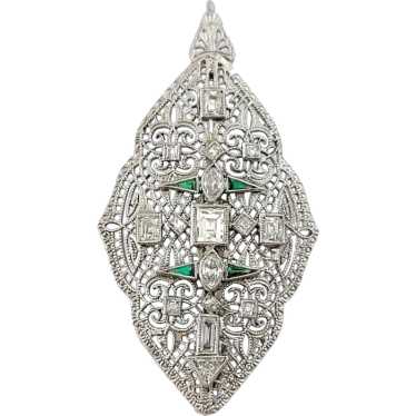 14 Karat White Gold Diamond and Emerald Pendant/B… - image 1