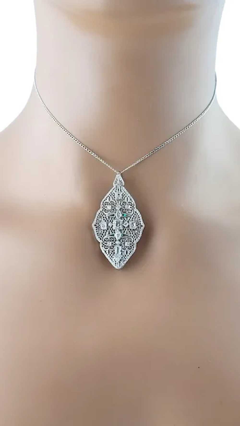 14 Karat White Gold Diamond and Emerald Pendant/B… - image 9