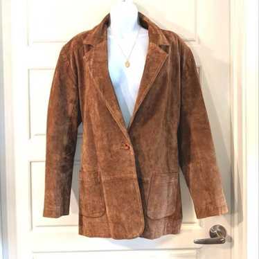 Vintage 100% Leather Brown Suede Blazer Jacket - image 1