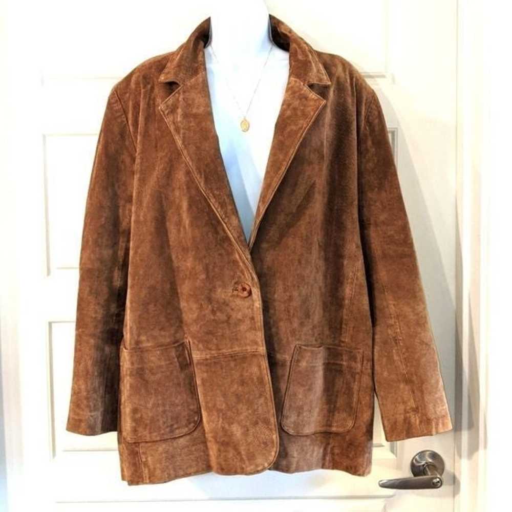 Vintage 100% Leather Brown Suede Blazer Jacket - image 2