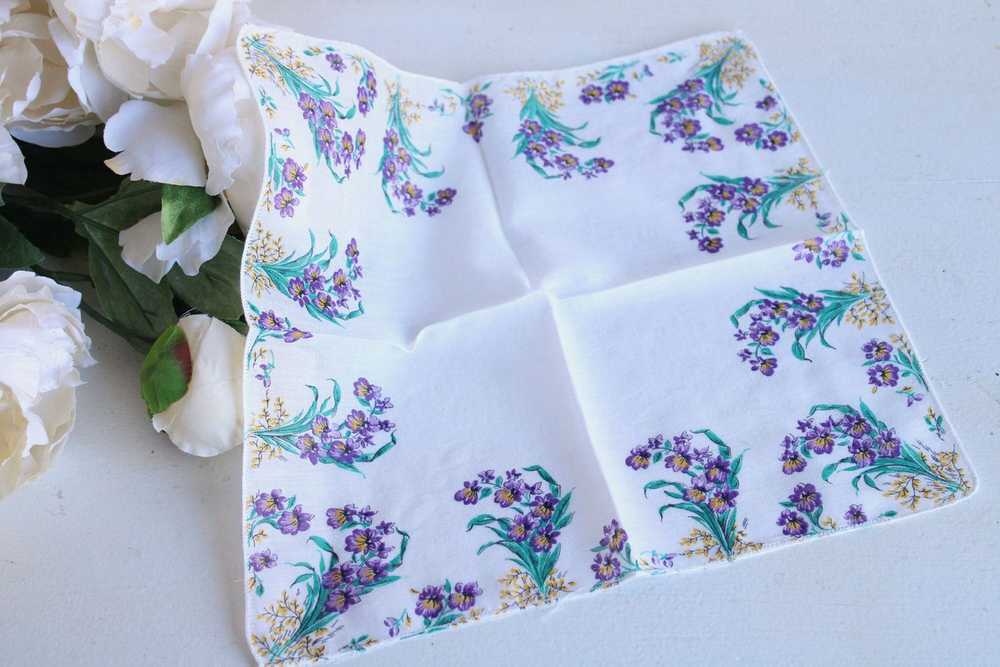 Vintage Handkerchief, Purple Floral Print on Whit… - image 1