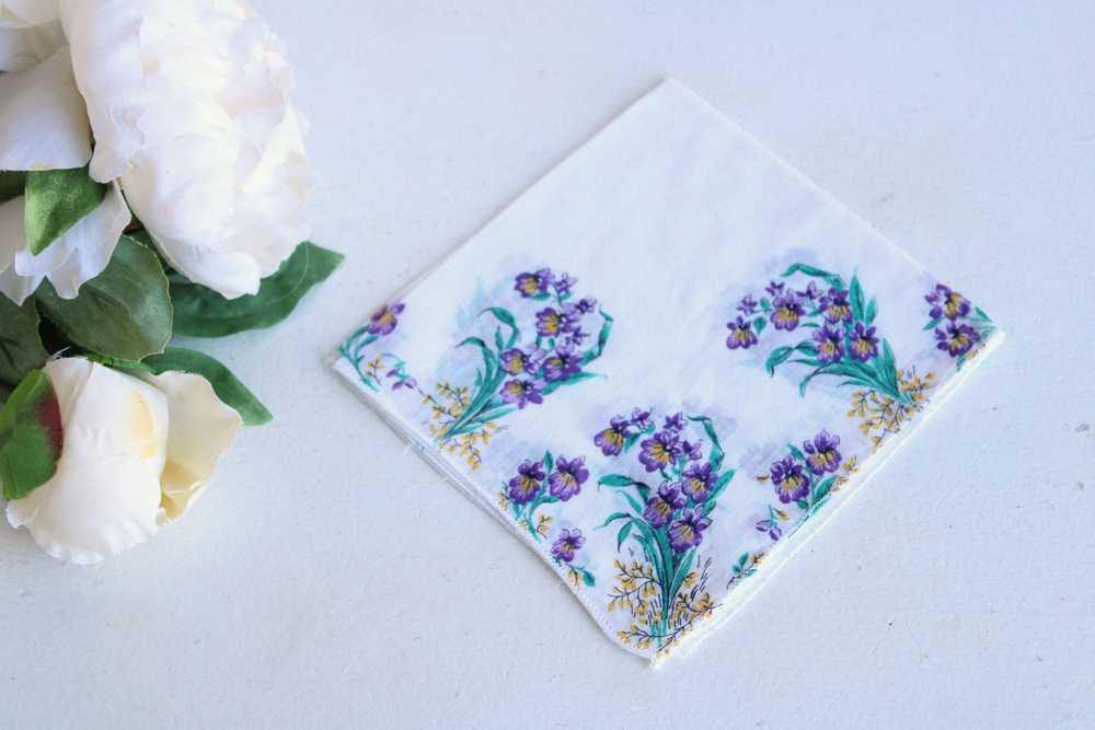 Vintage Handkerchief, Purple Floral Print on Whit… - image 2