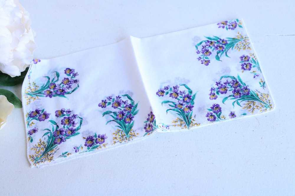 Vintage Handkerchief, Purple Floral Print on Whit… - image 6