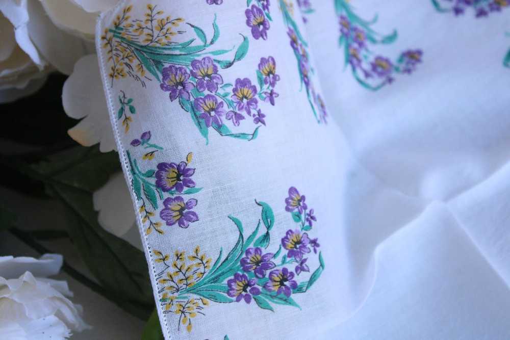 Vintage Handkerchief, Purple Floral Print on Whit… - image 7