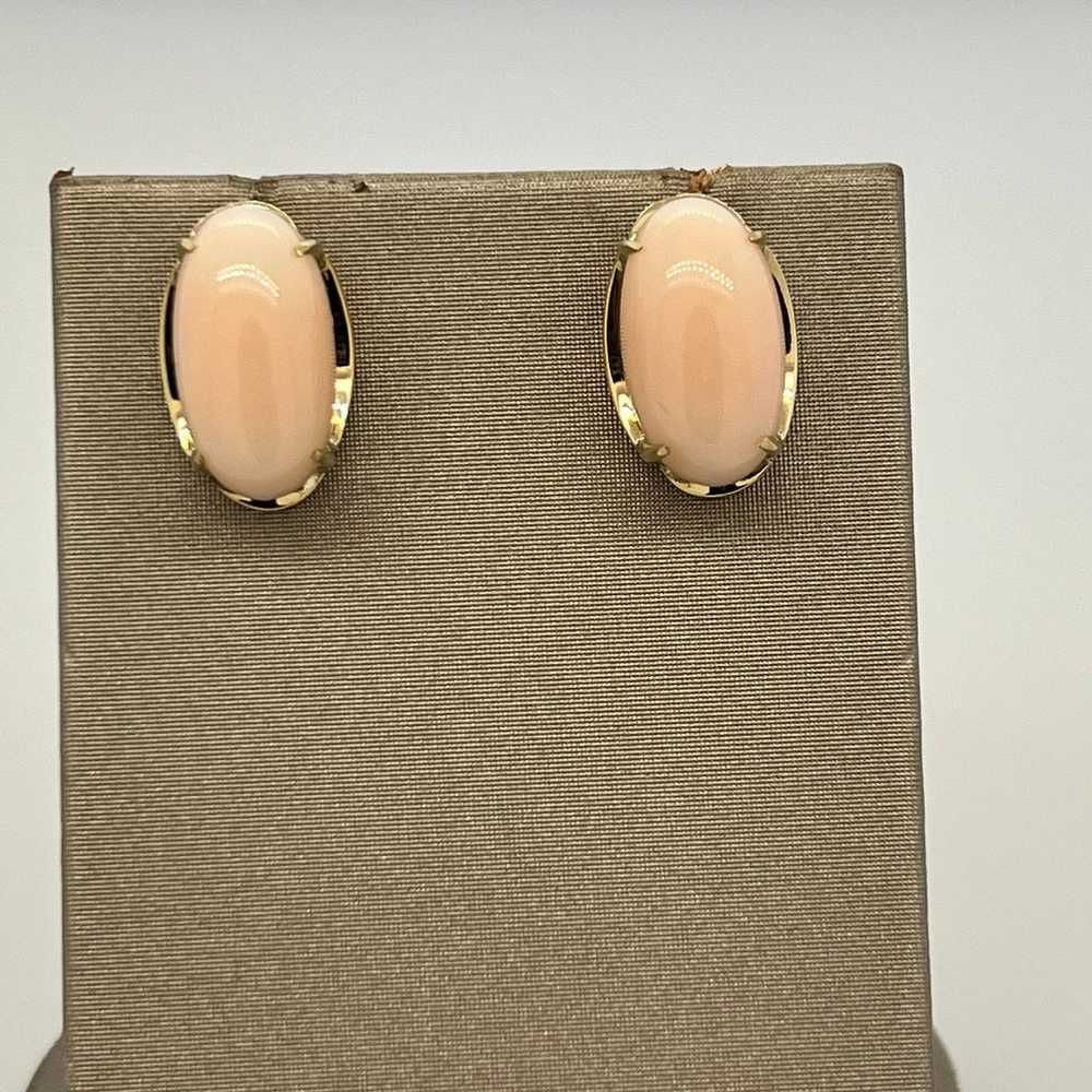 Vintage 14k Yellow Gold Oval Shape Coral Stud Ear… - image 2