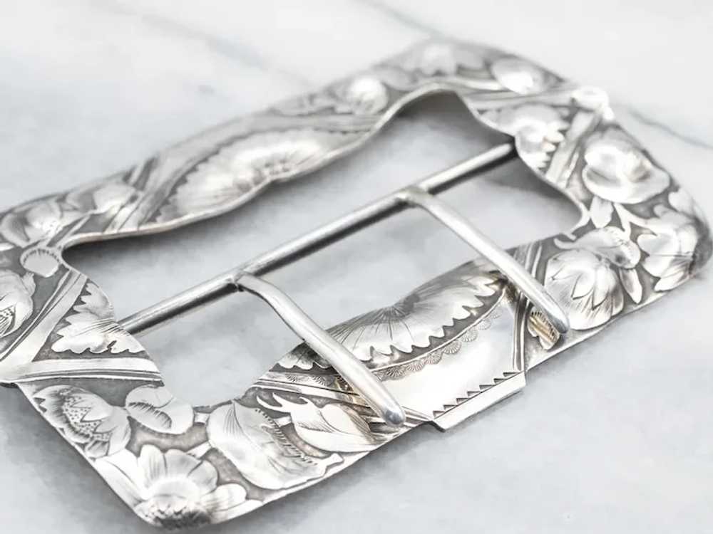 Antique 925 Sterling Silver Floral Belt Buckle - image 2