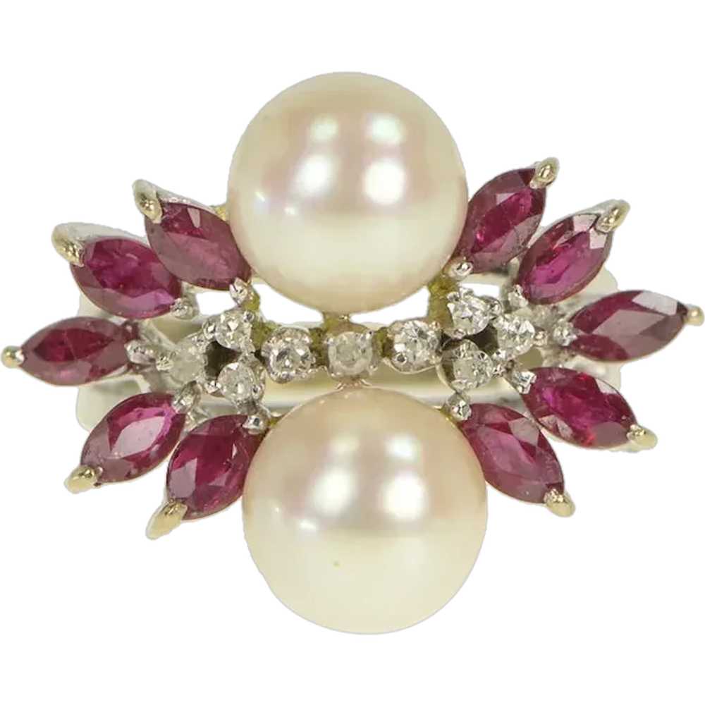 18K 1950's Pearl Diamond Ruby Cluster Ring Size 7… - image 1
