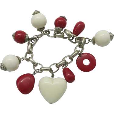 Fun Cherry Red Lucite and Cream Heart Charm Brace… - image 1