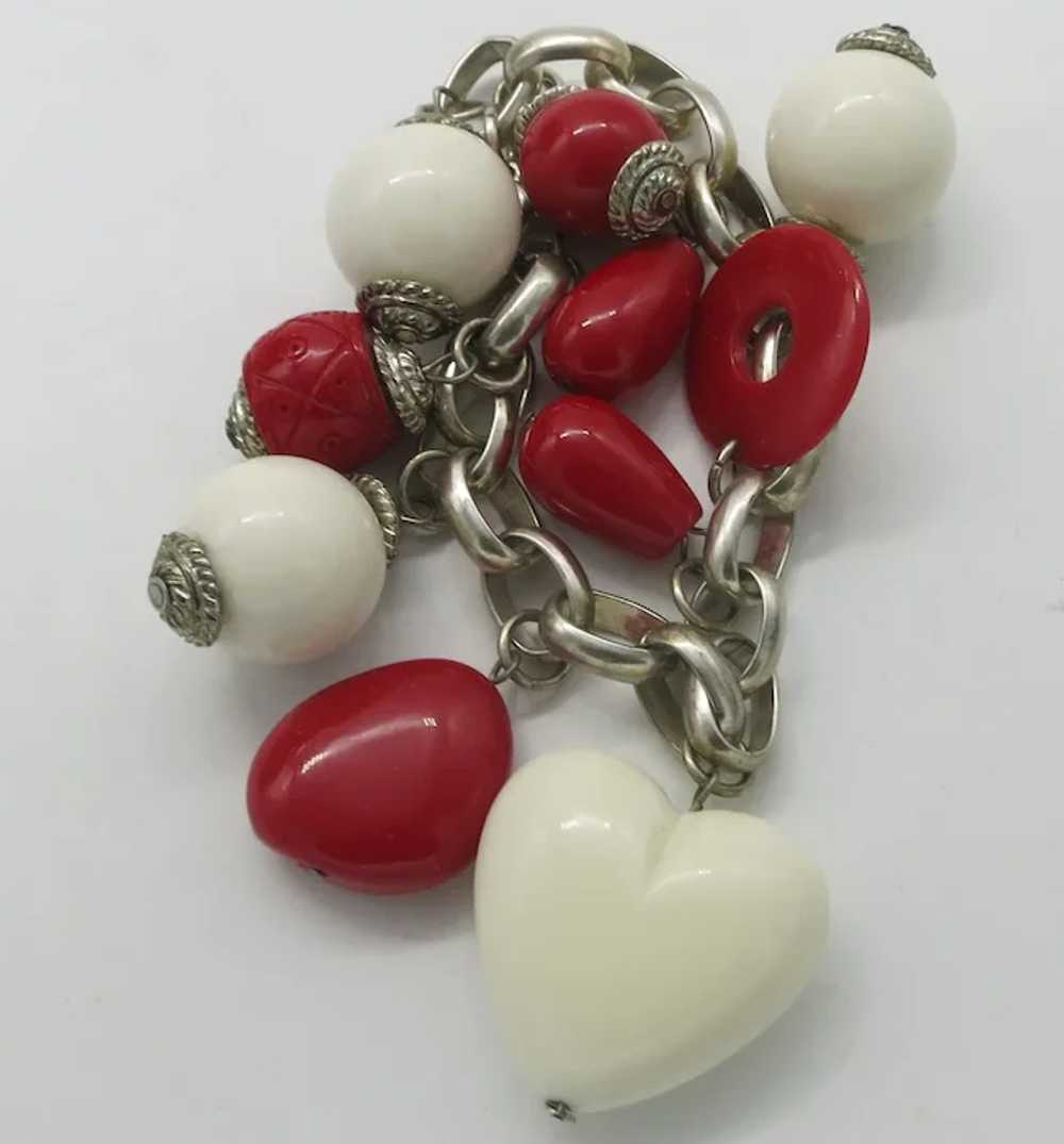 Fun Cherry Red Lucite and Cream Heart Charm Brace… - image 2