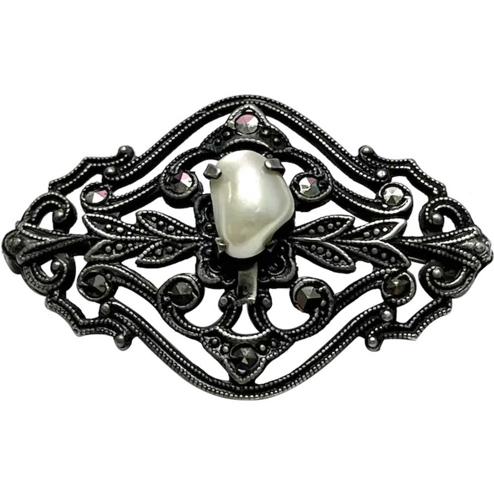 Vintage Pearl Hematite Stone Brooch Pin - image 1