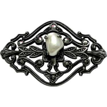 Vintage Pearl Hematite Stone Brooch Pin - image 1