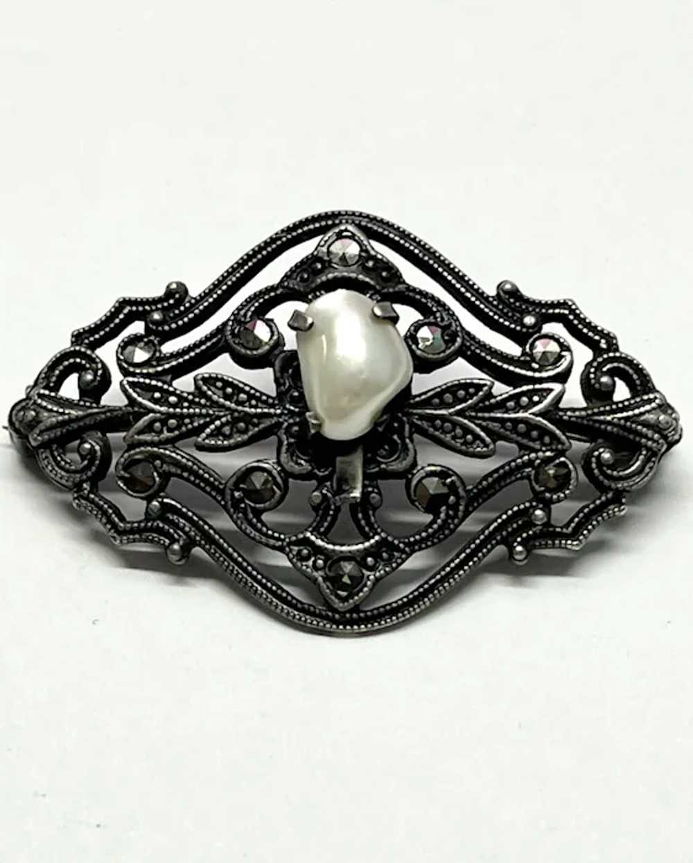 Vintage Pearl Hematite Stone Brooch Pin - image 2