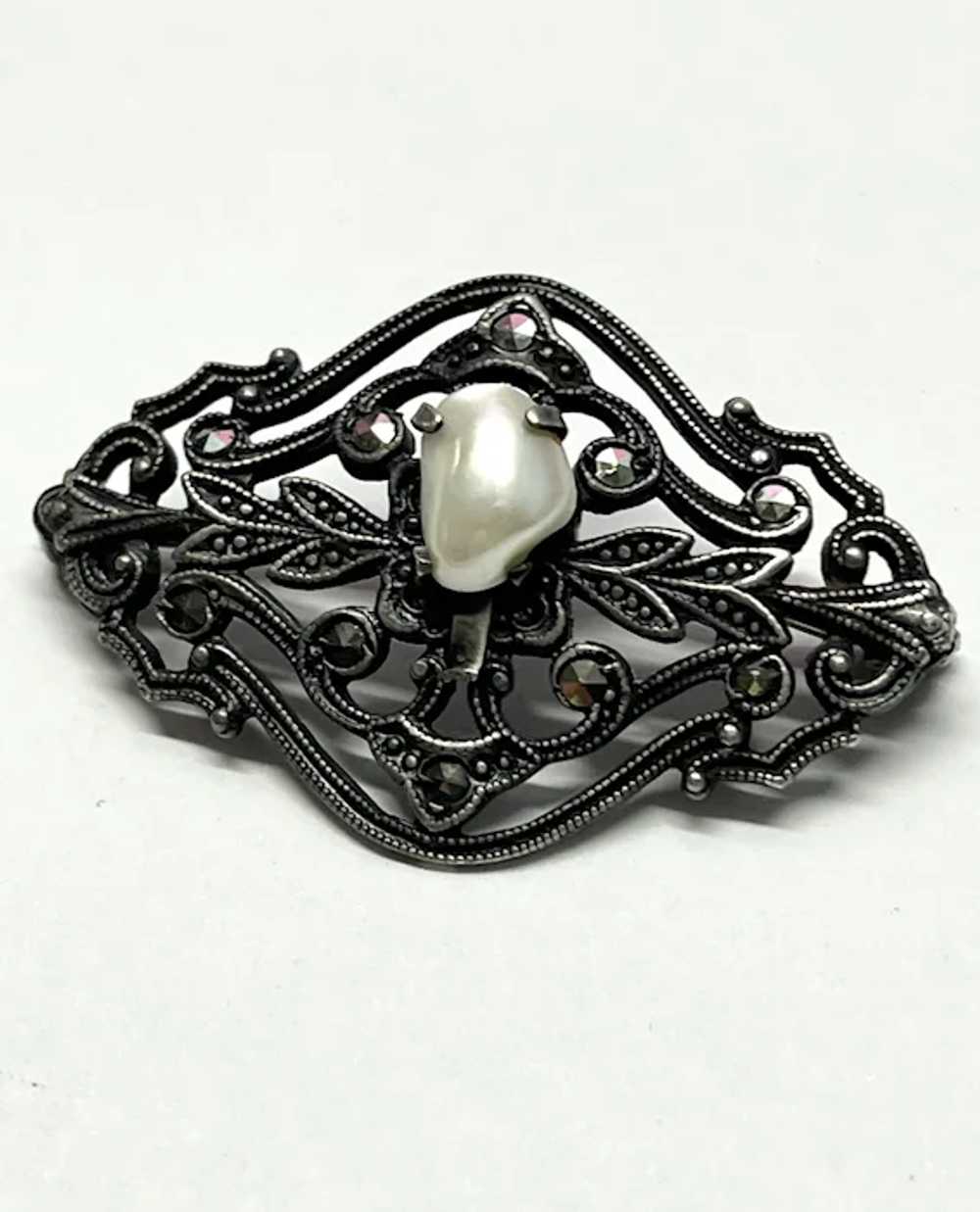 Vintage Pearl Hematite Stone Brooch Pin - image 3