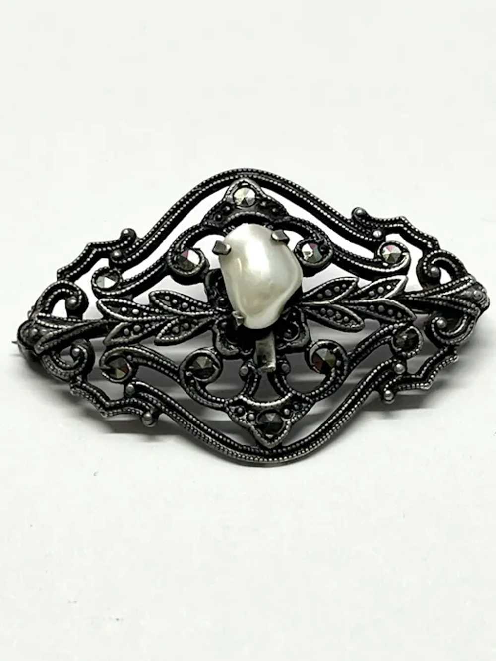 Vintage Pearl Hematite Stone Brooch Pin - image 4