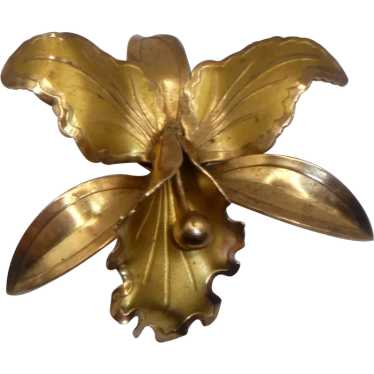 Vintage Orchid Flower Design Brooch - Signed Original by Robert, Circa 1960  - Gold Tone with Blue Enamel