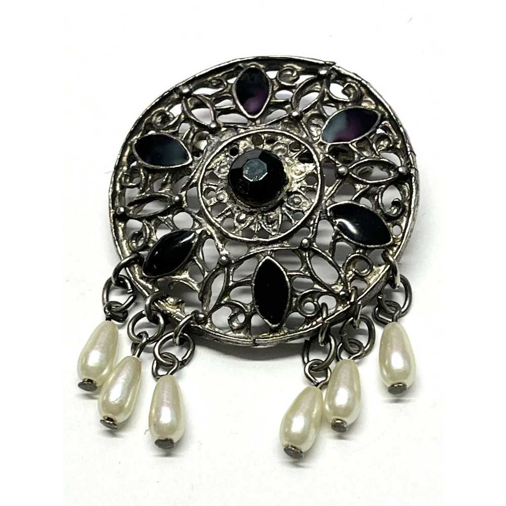 Vintage Vintage filigree black stone pearl brooch… - image 2