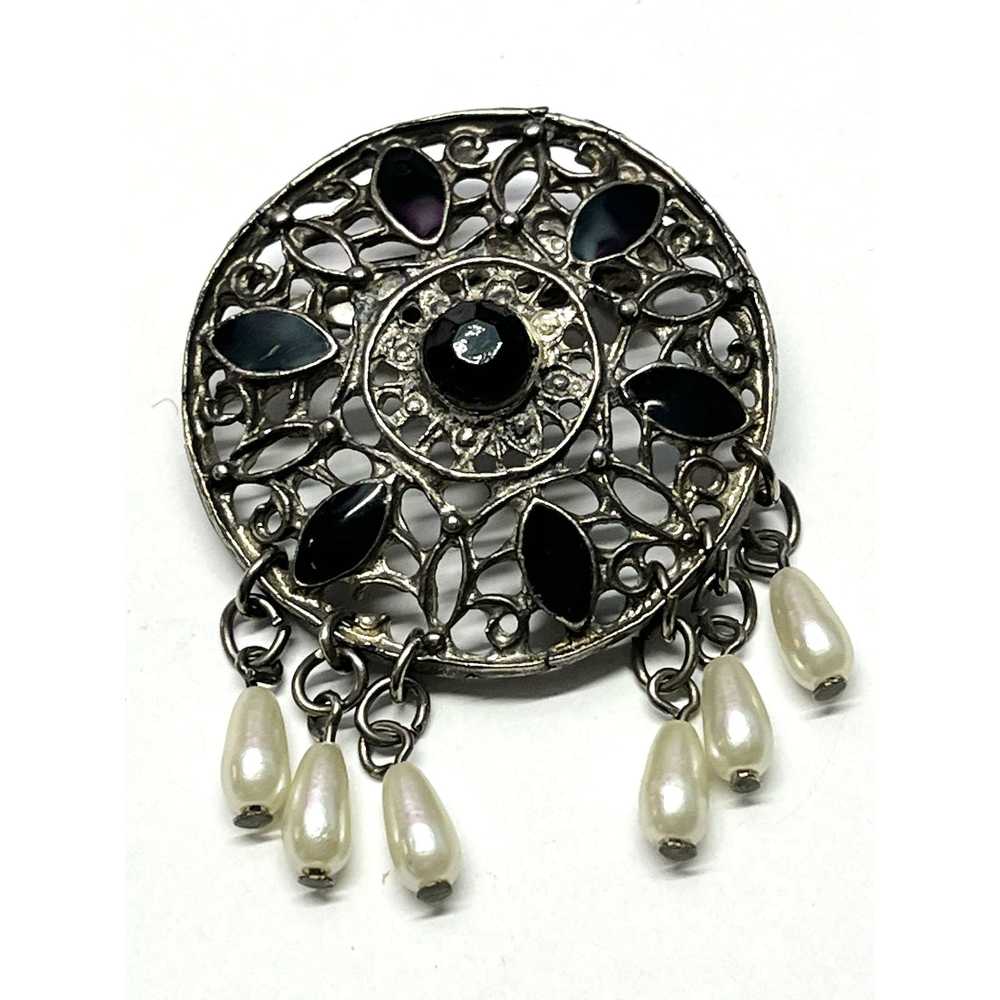 Vintage Vintage filigree black stone pearl brooch… - image 3