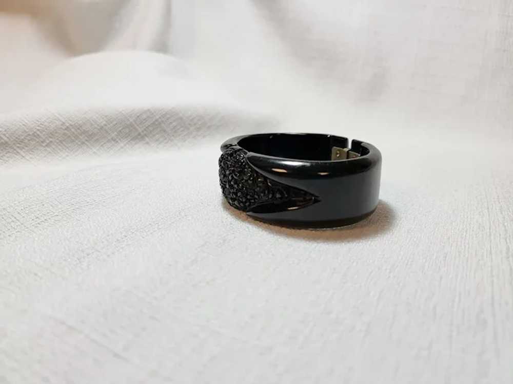 Carved Jet Black Bakelite Hinged Bracelet - image 2