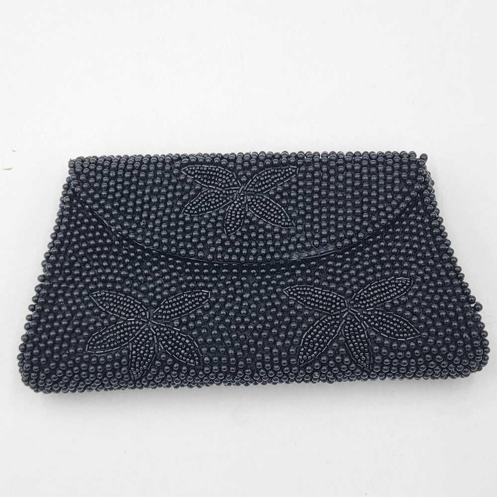 Vintage Midcentury Black Beaded Clutch Floral Eve… - image 1