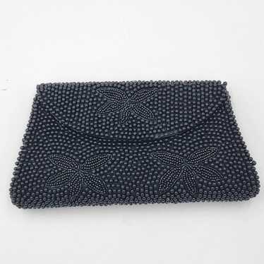 Vintage Midcentury Black Beaded Clutch Floral Eve… - image 1